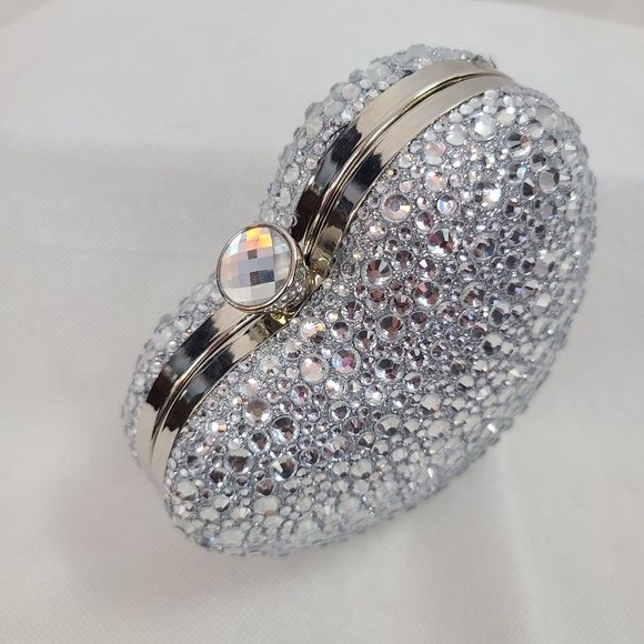 RAMLA Silver Heart Shape Crystal Clutch Purse Handle/Chain Prom